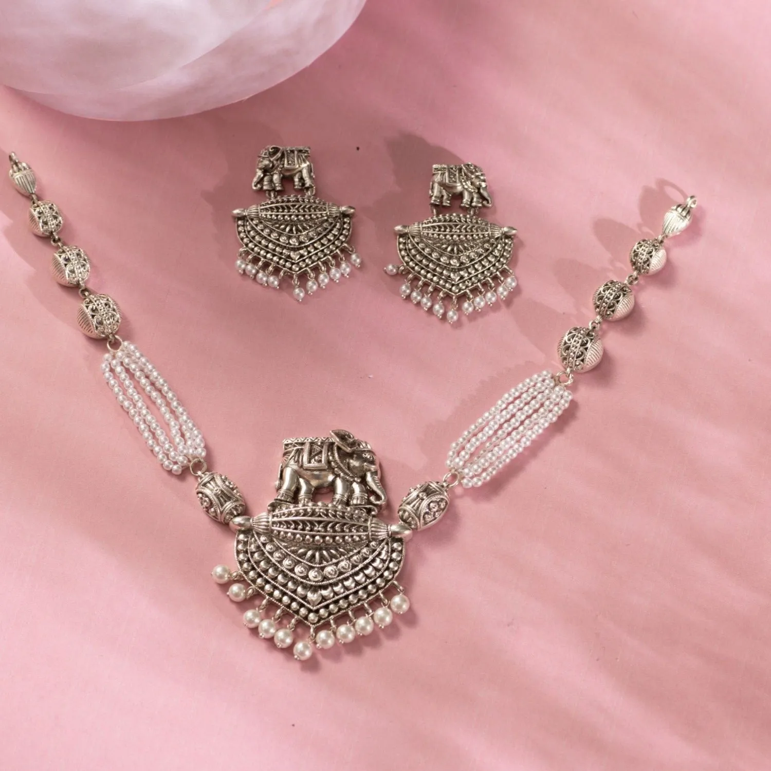 Maati Elephant & Pearl Antique Oxidized Necklace Set