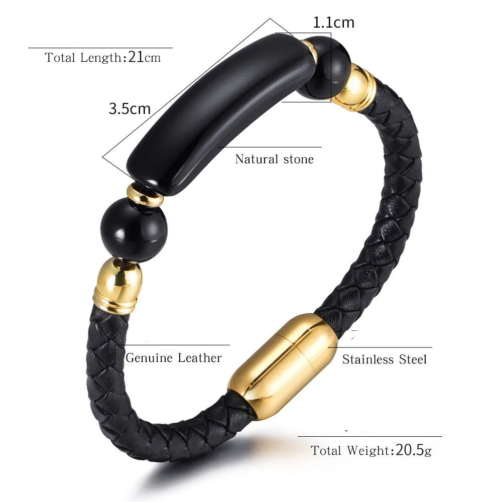 Men's Simple European Style Leather Stainless Steel Bracelet