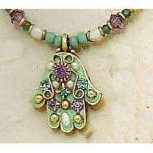 Michal Golan Green and Purple Hamsa Necklace