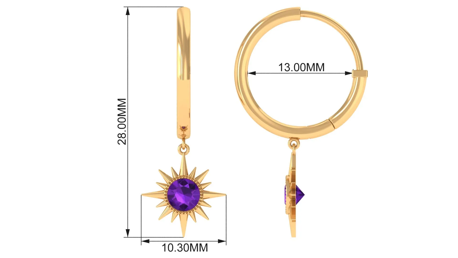 Milgrain Bezel Set Amethyst Sunburst Hoop Drop Earrings