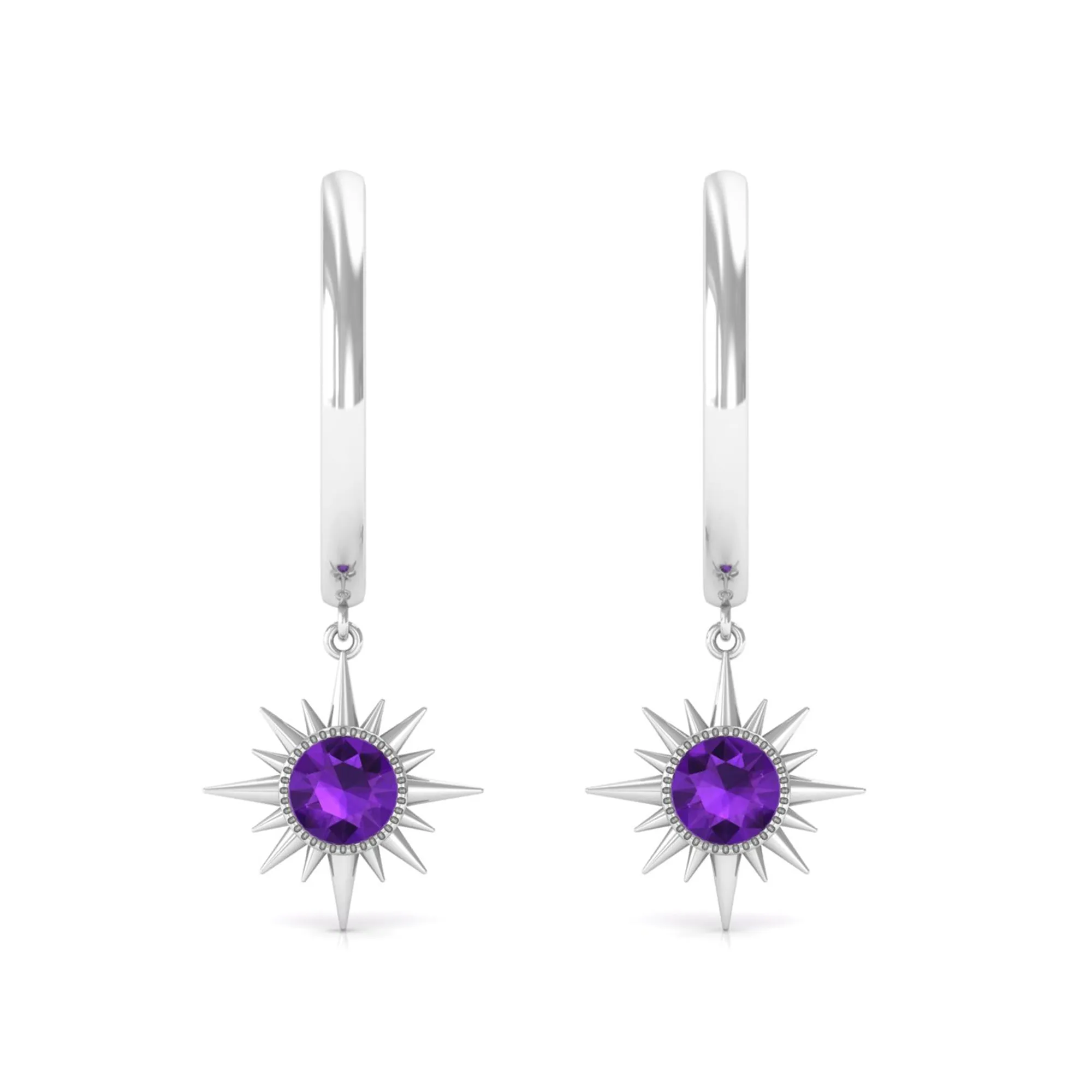 Milgrain Bezel Set Amethyst Sunburst Hoop Drop Earrings