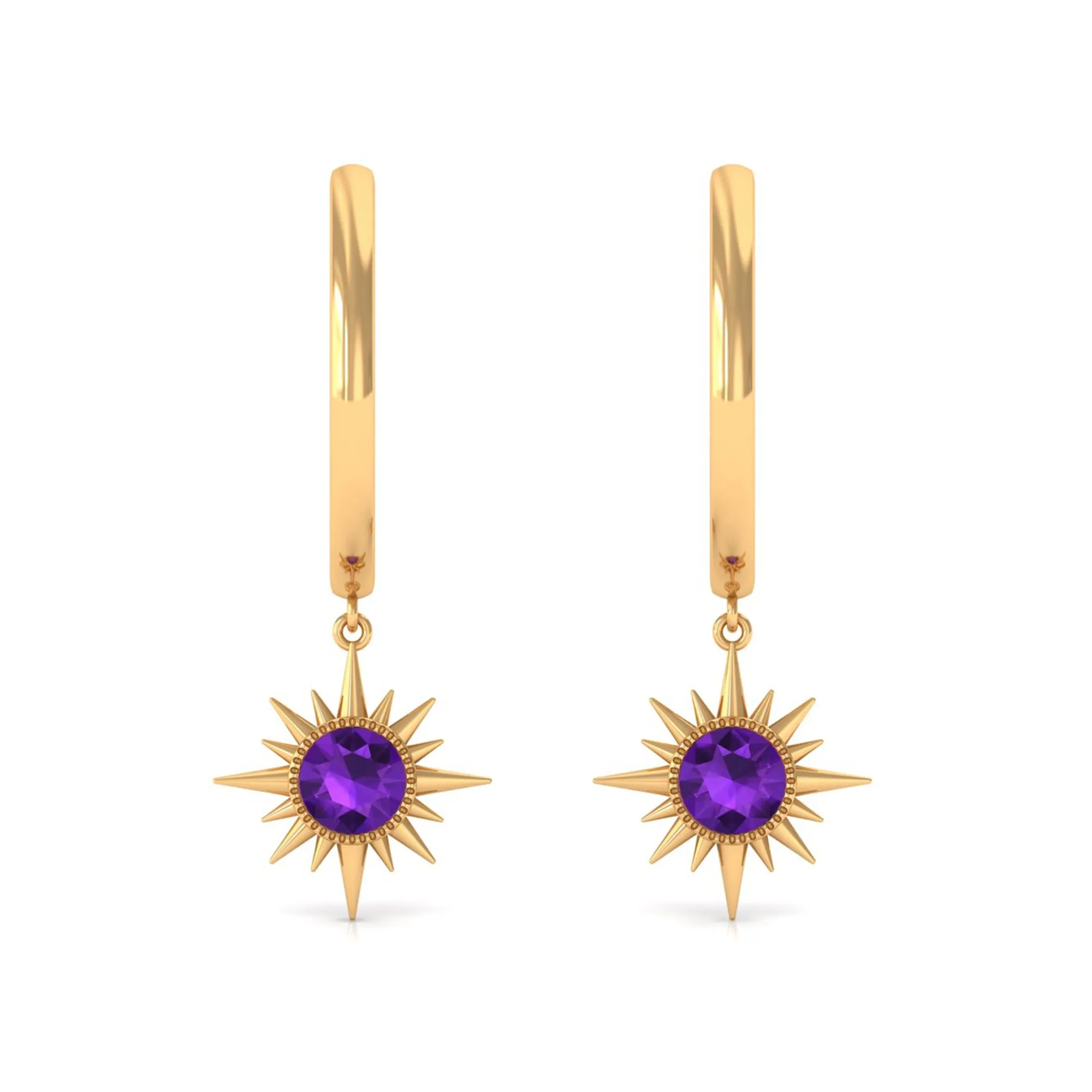 Milgrain Bezel Set Amethyst Sunburst Hoop Drop Earrings