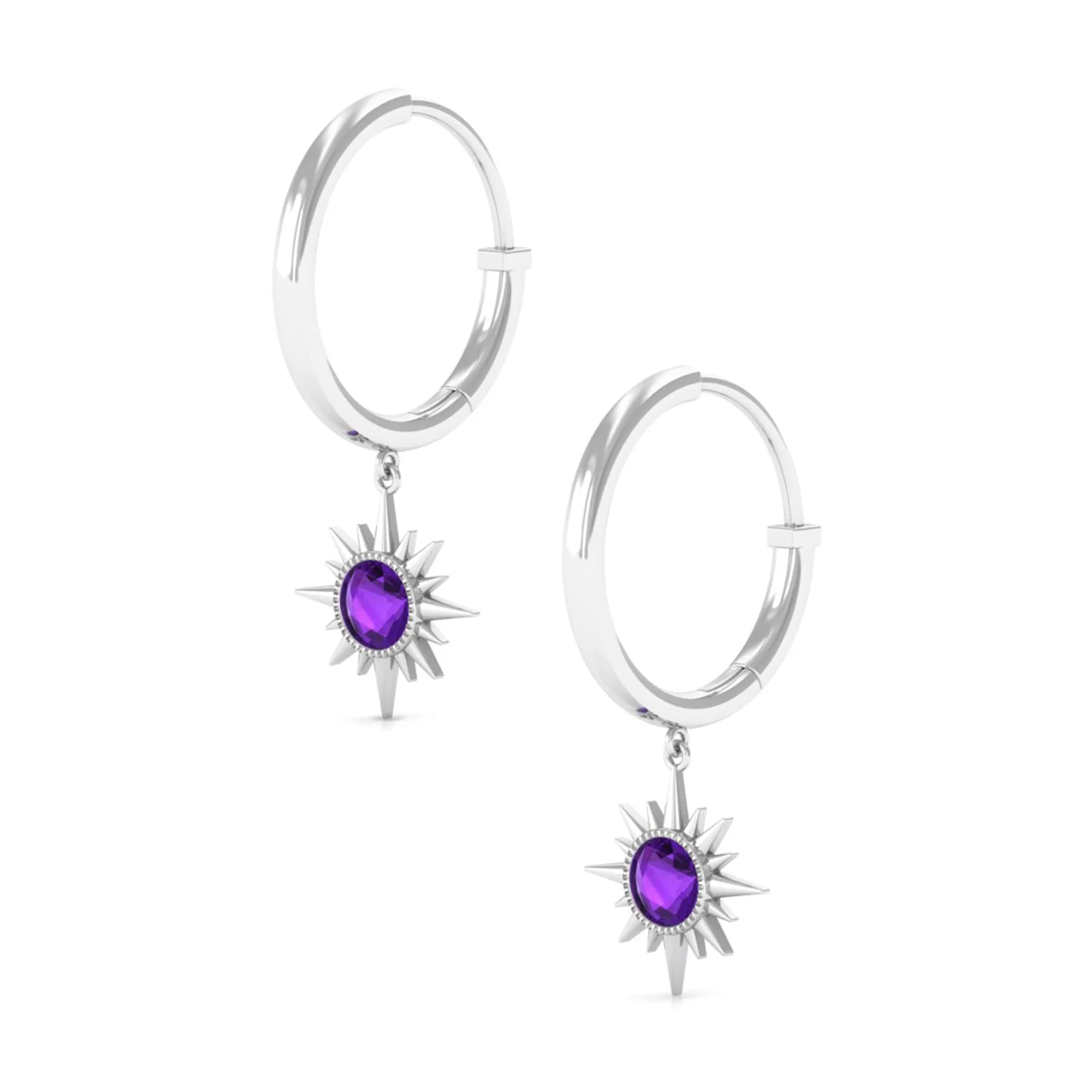 Milgrain Bezel Set Amethyst Sunburst Hoop Drop Earrings