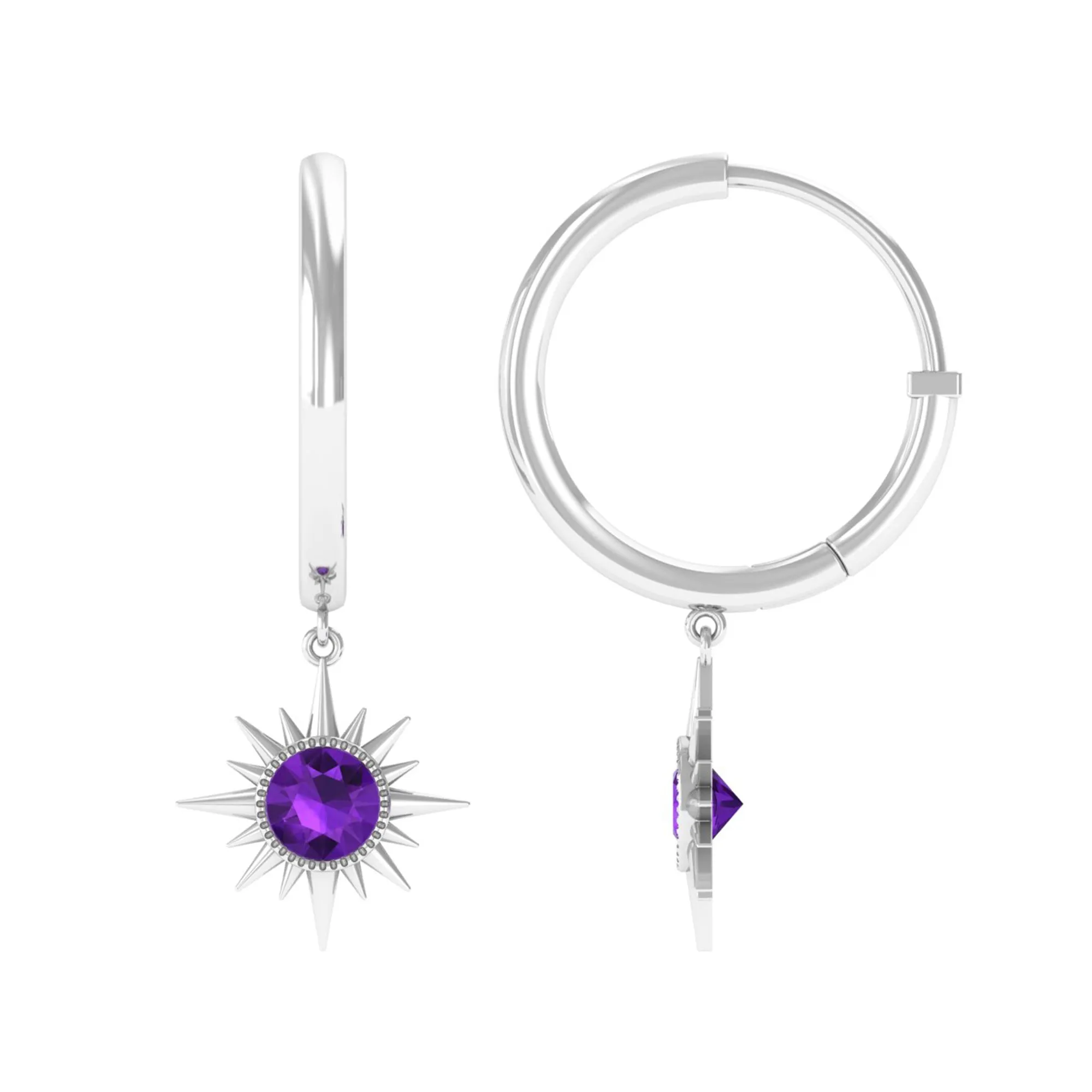 Milgrain Bezel Set Amethyst Sunburst Hoop Drop Earrings