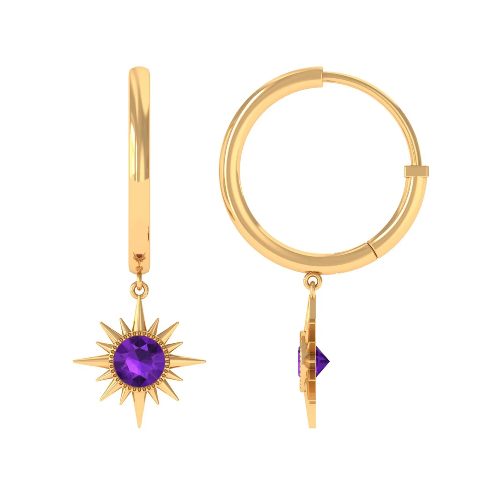 Milgrain Bezel Set Amethyst Sunburst Hoop Drop Earrings