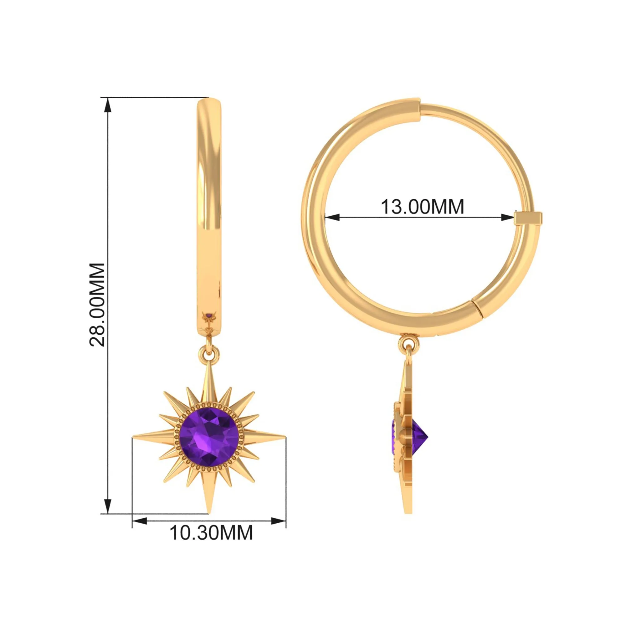 Milgrain Bezel Set Amethyst Sunburst Hoop Drop Earrings