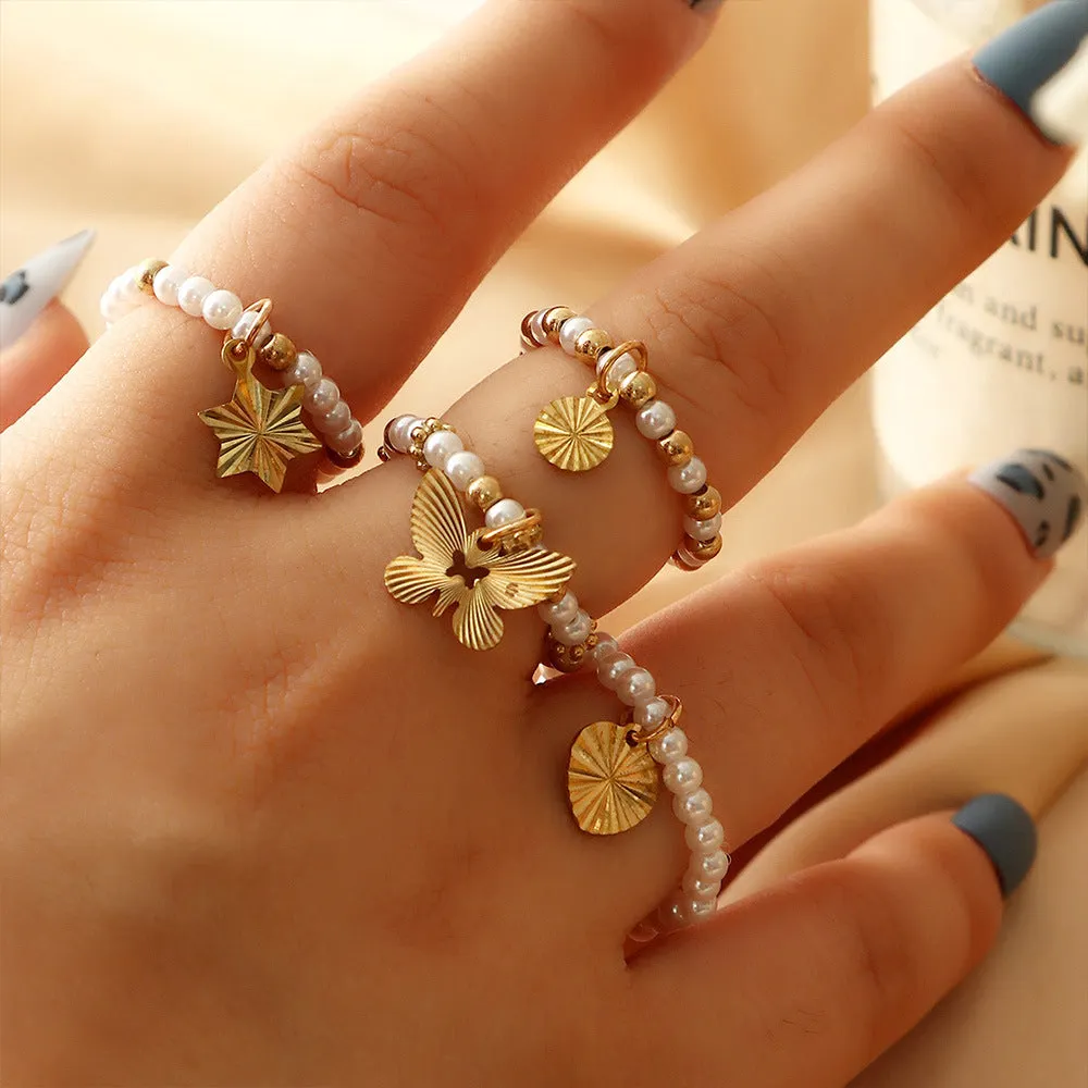 Naizhu Temperament Pearl Elastic Tail Ring Simple And Creative Small Gold Beads