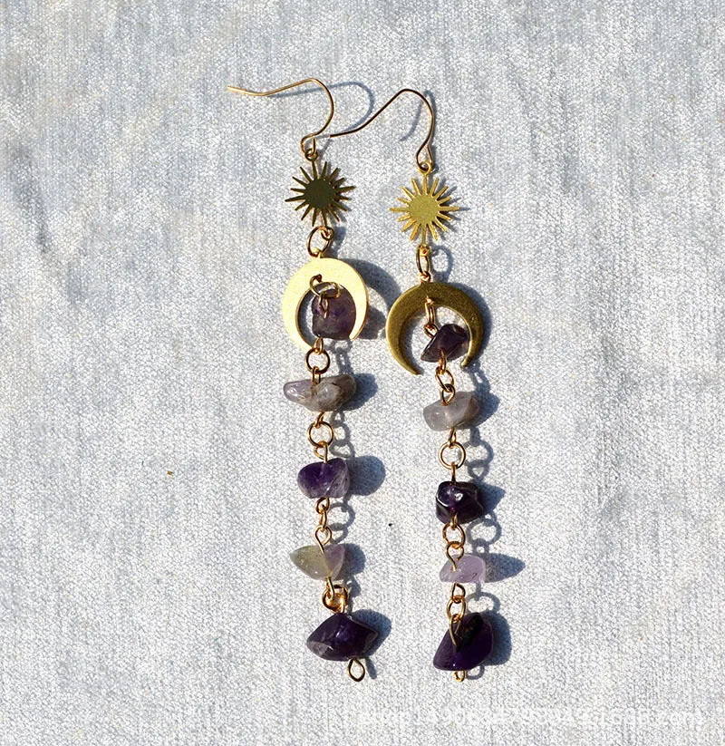 Natural Crystal Earrings Amethyst  Crystal Turquoise Hexagonal Pillar Earrings