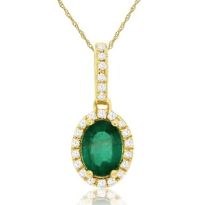 Natural Green Oval Emerald Pave Diamond Halo Pendant Necklace in Yellow Gold