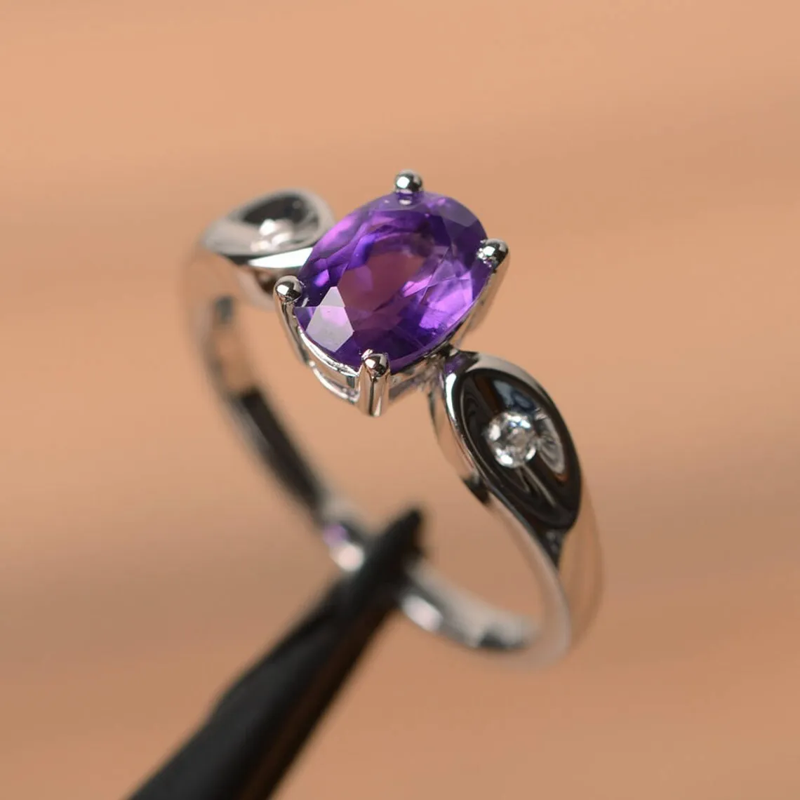 Natural Oval Cut Amethyst Promise Rings - 925 Sterling Silver Rings