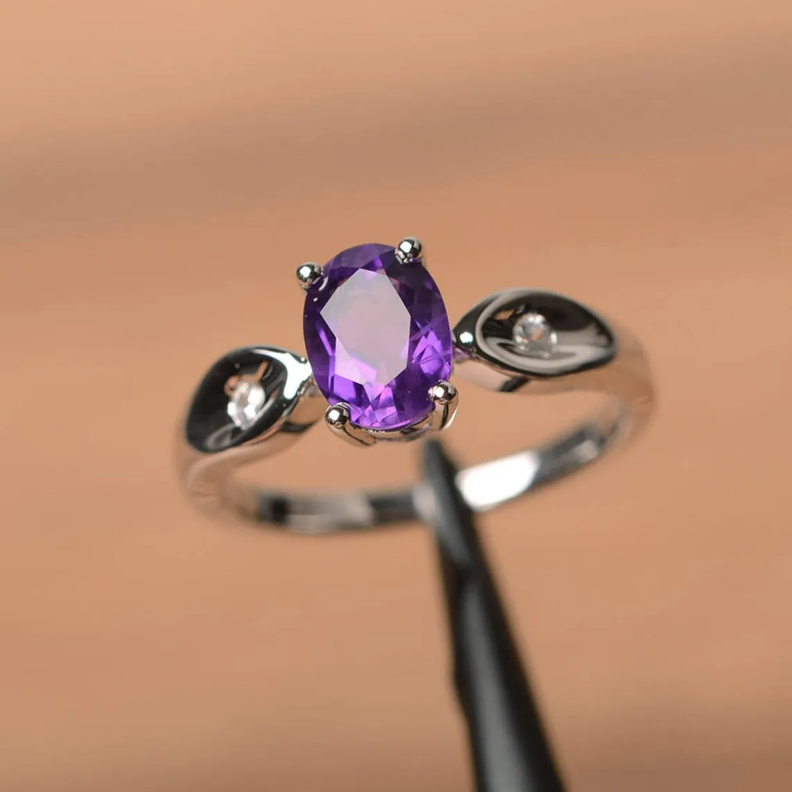 Natural Oval Cut Amethyst Promise Rings - 925 Sterling Silver Rings