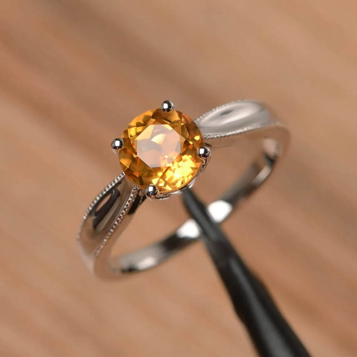 Natural Round Cut Citrine Prong Set Solitaire Promise Ring - 925 Sterling Silver Ring