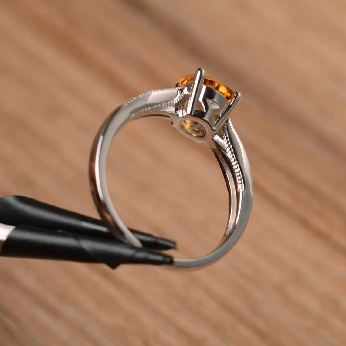 Natural Round Cut Citrine Prong Set Solitaire Promise Ring - 925 Sterling Silver Ring