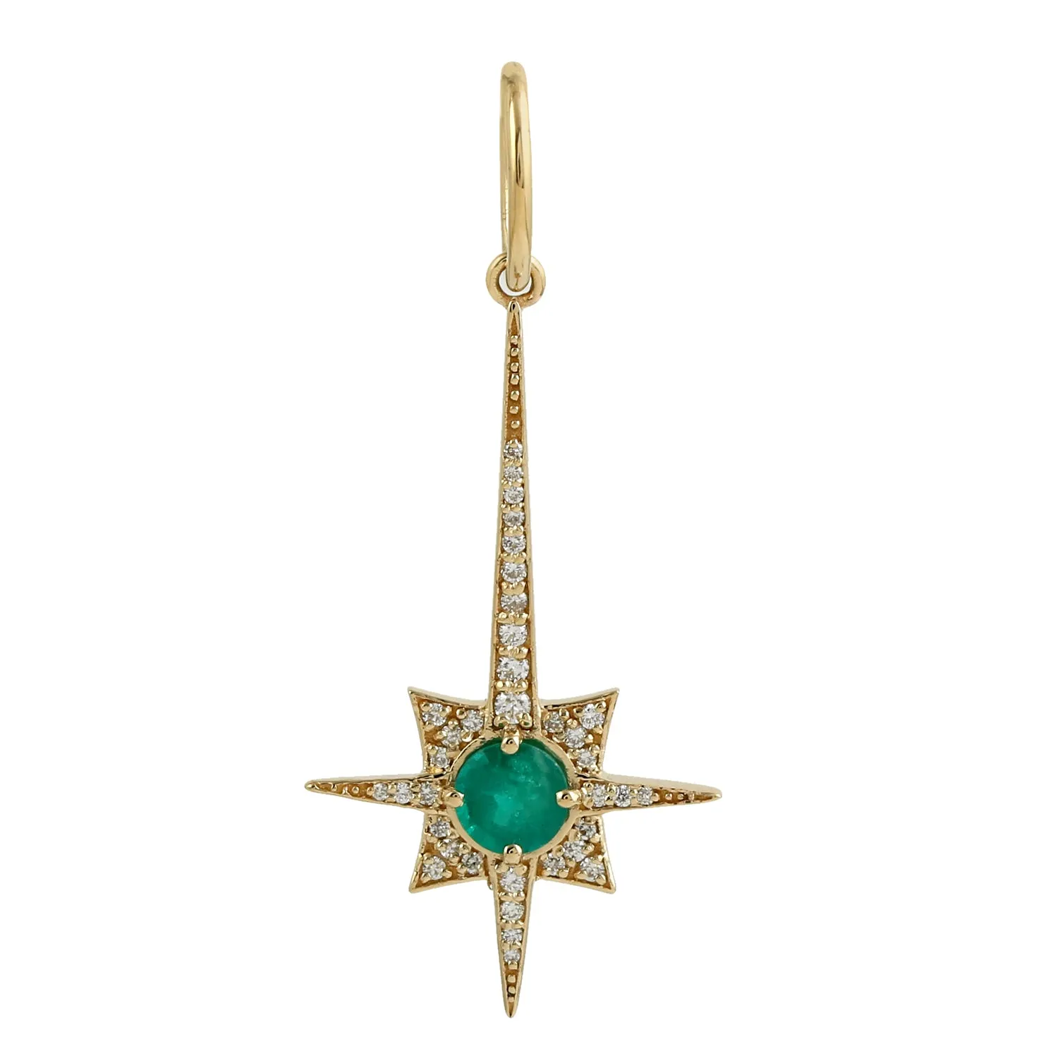 Natural Round Emerald Pave Diamond North Star Pendant 18K Yellow Gold