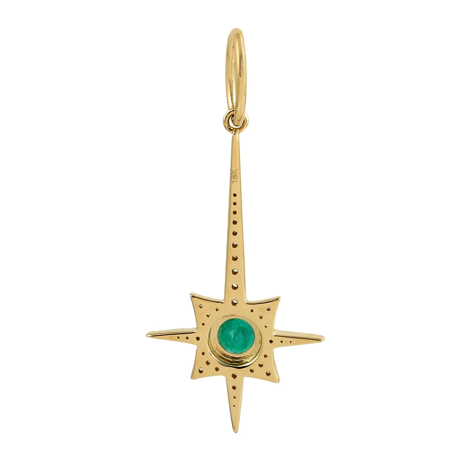 Natural Round Emerald Pave Diamond North Star Pendant 18K Yellow Gold