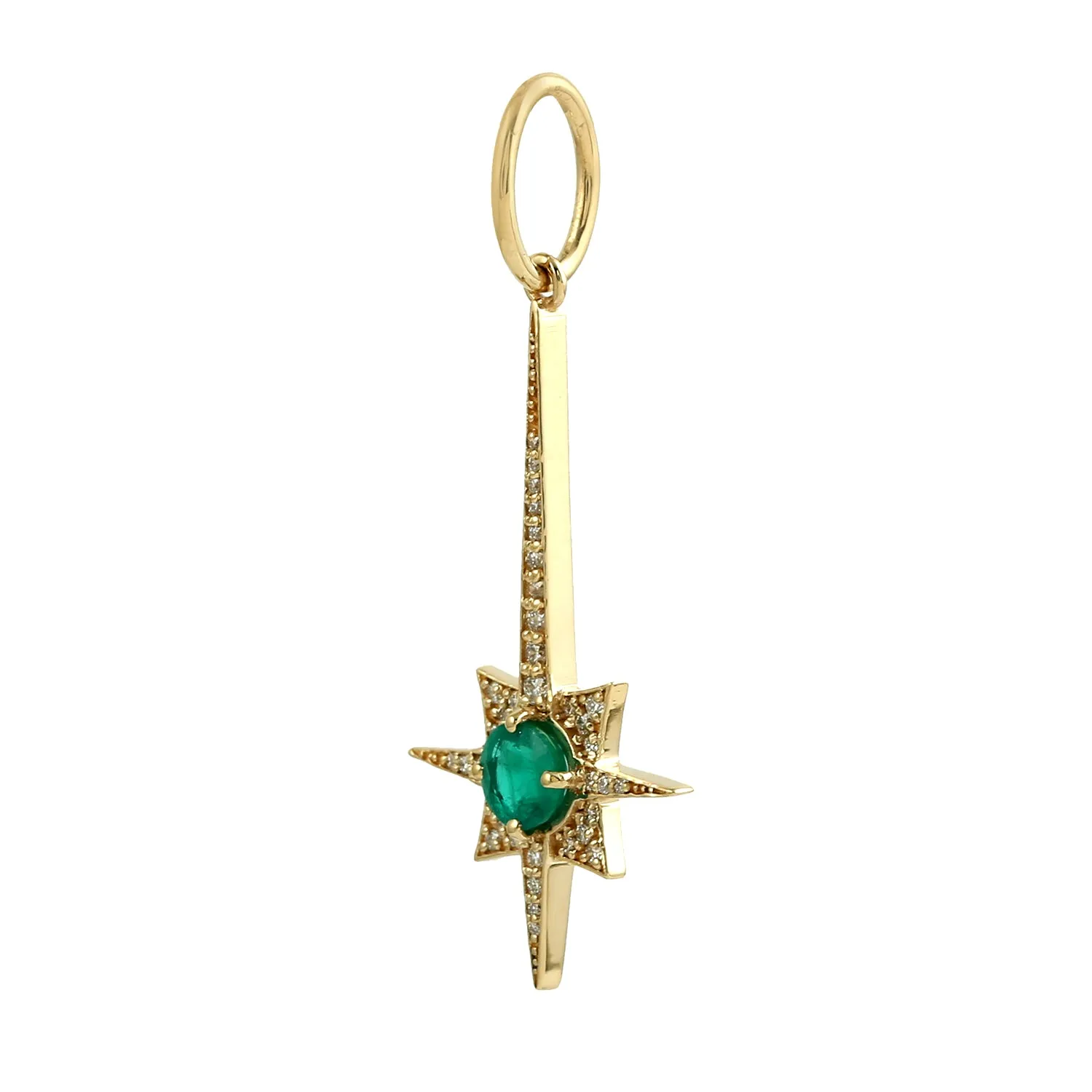 Natural Round Emerald Pave Diamond North Star Pendant 18K Yellow Gold