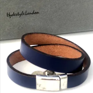 Navy Blue Smooth Leather Wrap Bracelet / Cuff