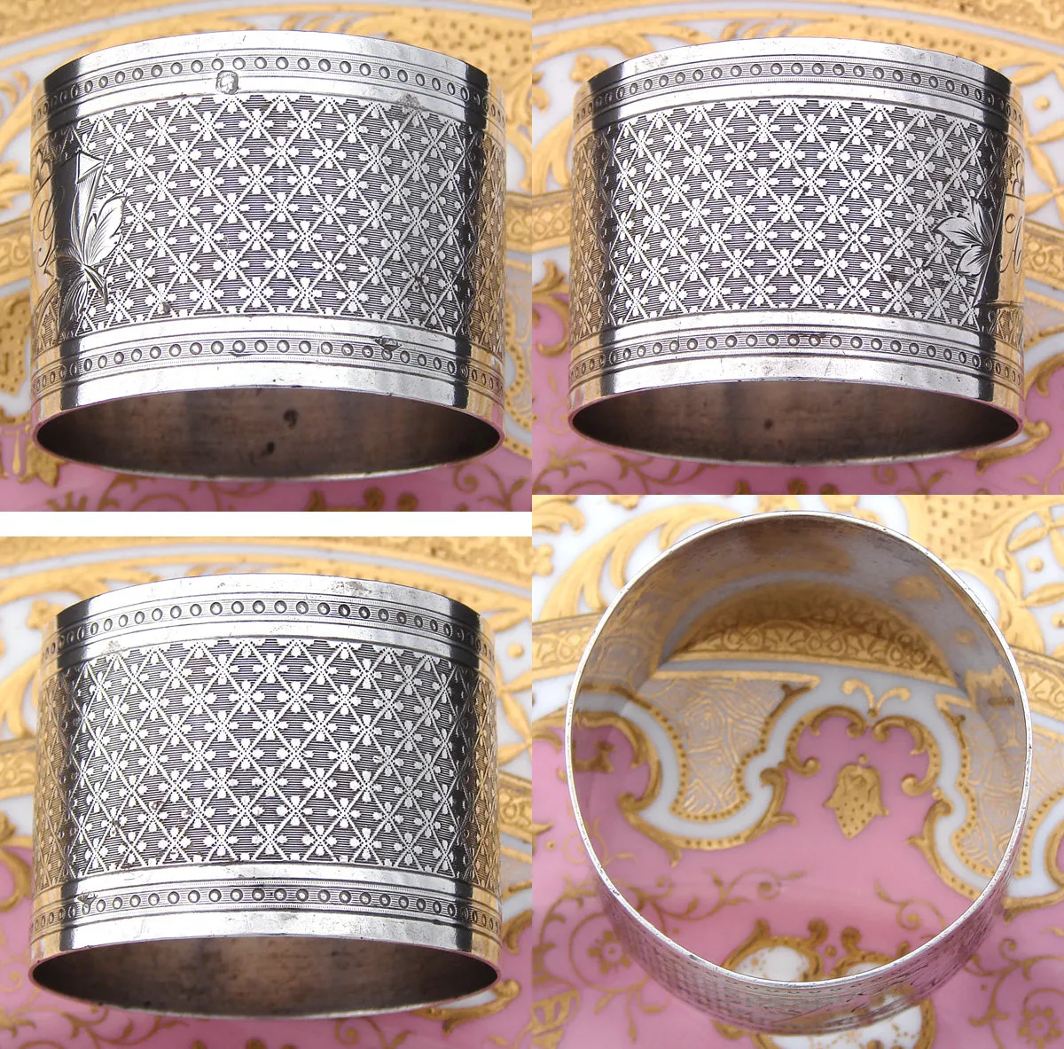 Ornate Antique French Sterling Silver Napkin Ring, Guilloche Style Decoration, "A.G." Monogram