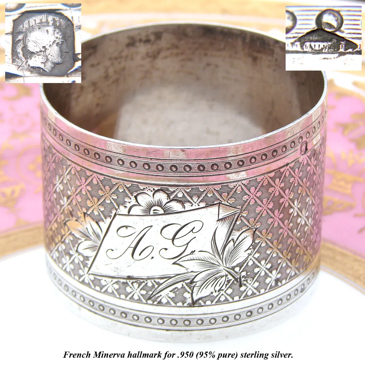 Ornate Antique French Sterling Silver Napkin Ring, Guilloche Style Decoration, "A.G." Monogram