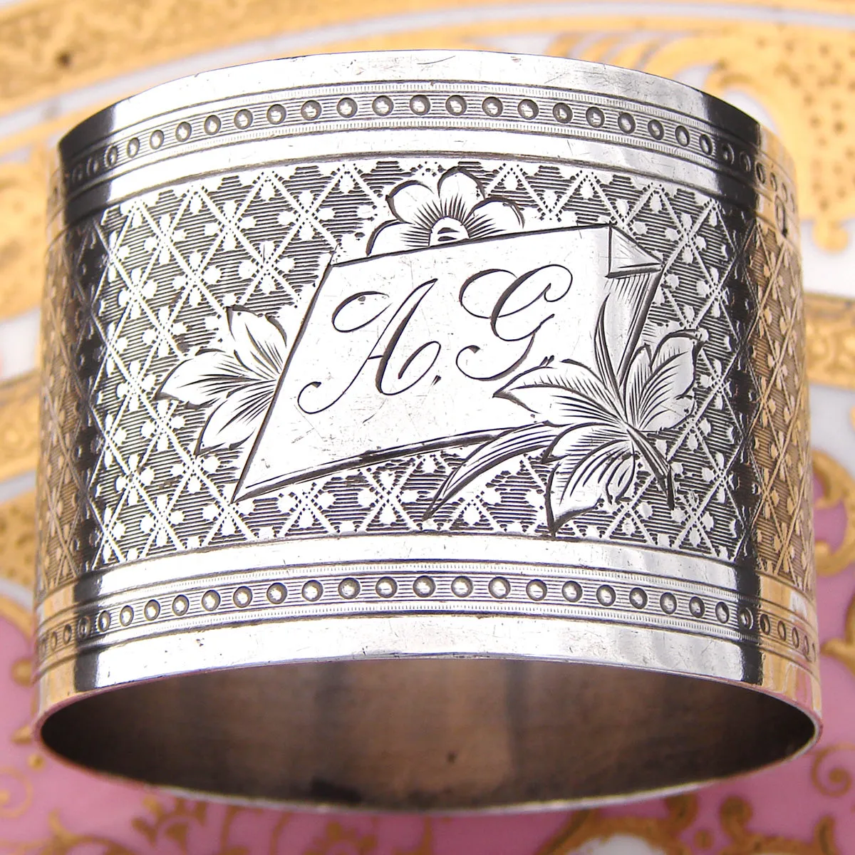 Ornate Antique French Sterling Silver Napkin Ring, Guilloche Style Decoration, "A.G." Monogram