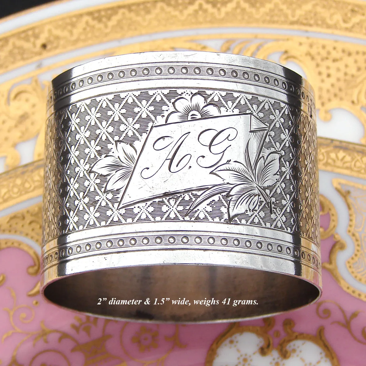 Ornate Antique French Sterling Silver Napkin Ring, Guilloche Style Decoration, "A.G." Monogram