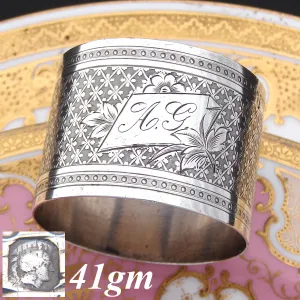 Ornate Antique French Sterling Silver Napkin Ring, Guilloche Style Decoration, "A.G." Monogram