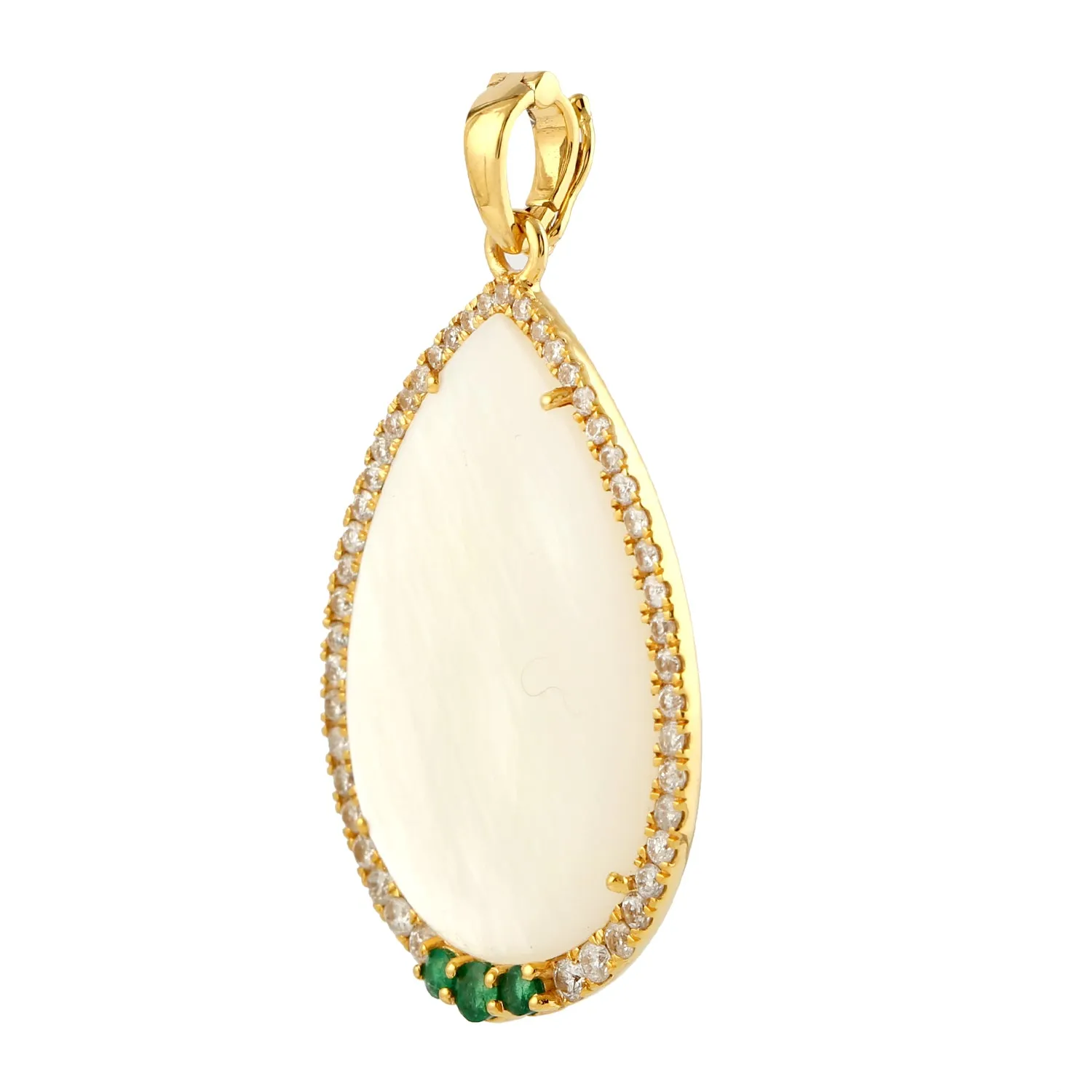 Pave Diamond Emerald Pearl Pear Pendant In 18k Yellow Gold Gift