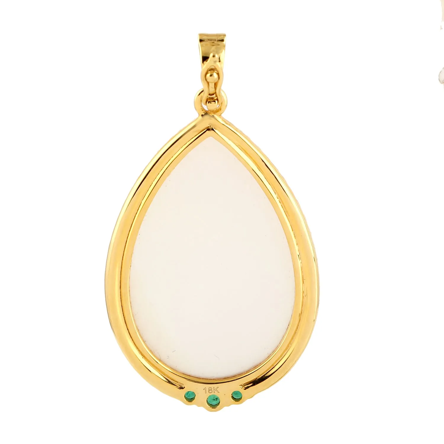 Pave Diamond Emerald Pearl Pear Pendant In 18k Yellow Gold Gift