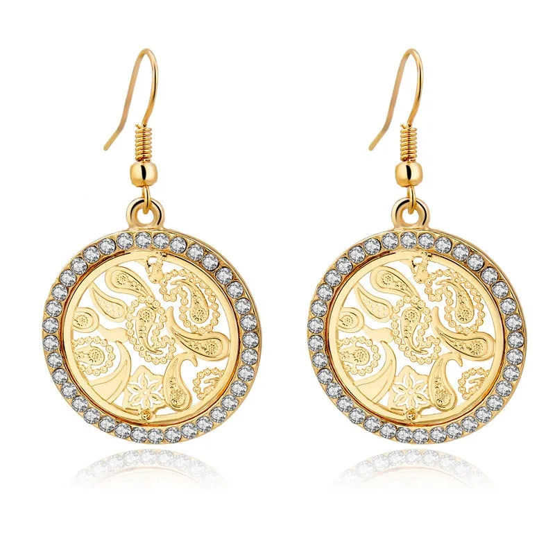 Pendientes Vintage Big Round Flower Gold Silver Statement Drop Earrings For Women Crystal Wedding Earrings Brincos