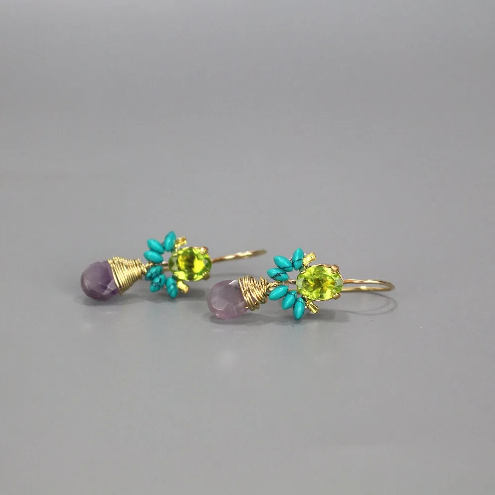 Peridot Turquoise Amethyst Angel Earrings