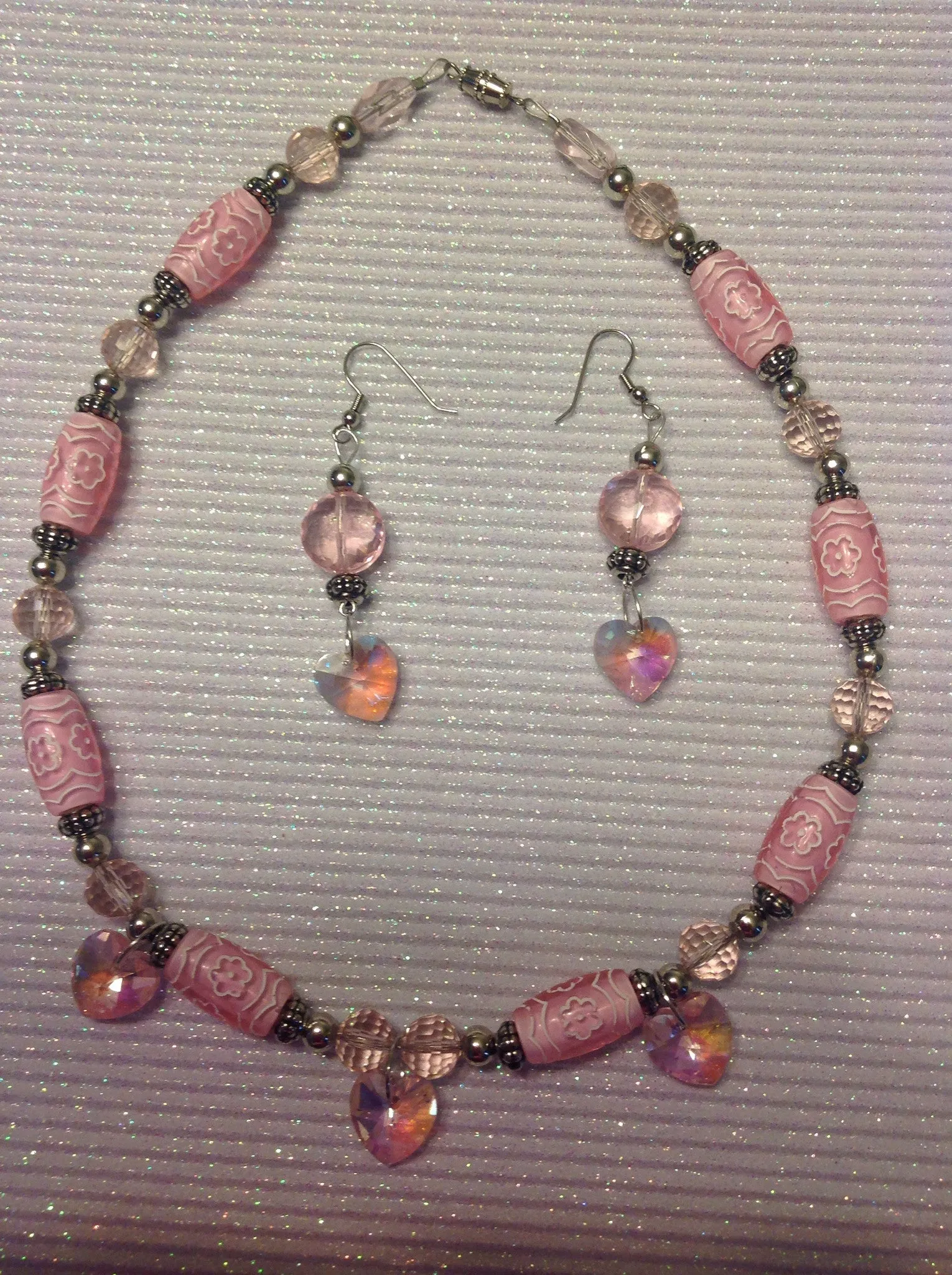 Pink crystal heart necklace and earrings