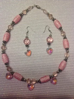 Pink crystal heart necklace and earrings