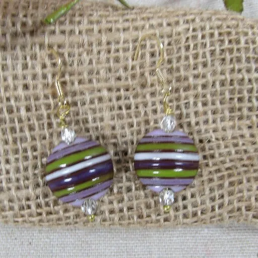 Purple & Lilac Striped Handmade Bead Earrings