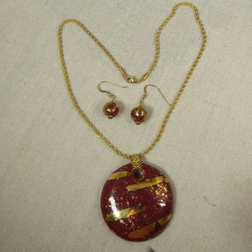 Red & Gold Kazuri Handmade Pendant Necklace & Earrings