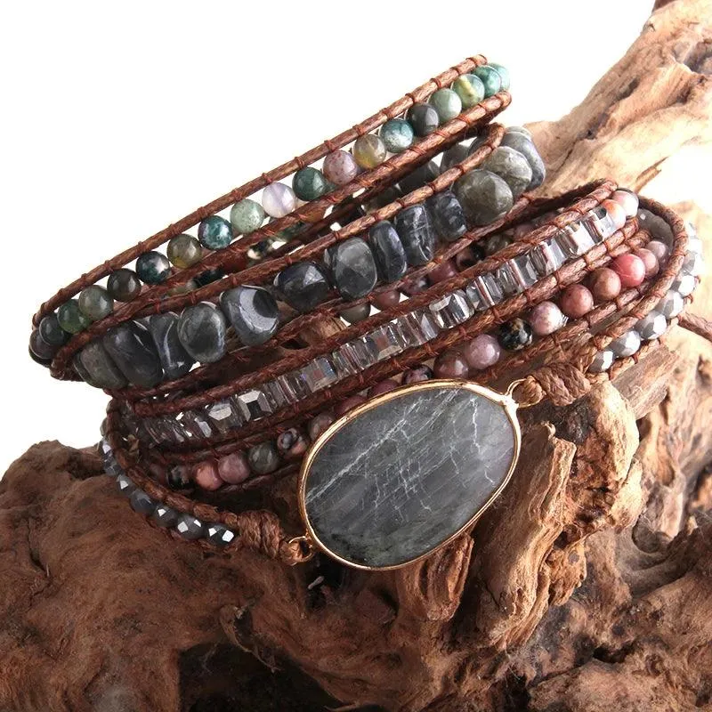 RH Fashion Handma Bohemian Jewelry Boho Bracelet Mixed Natural Stones Charm 5 Strands Wrap Bracelets Gift DropShipping