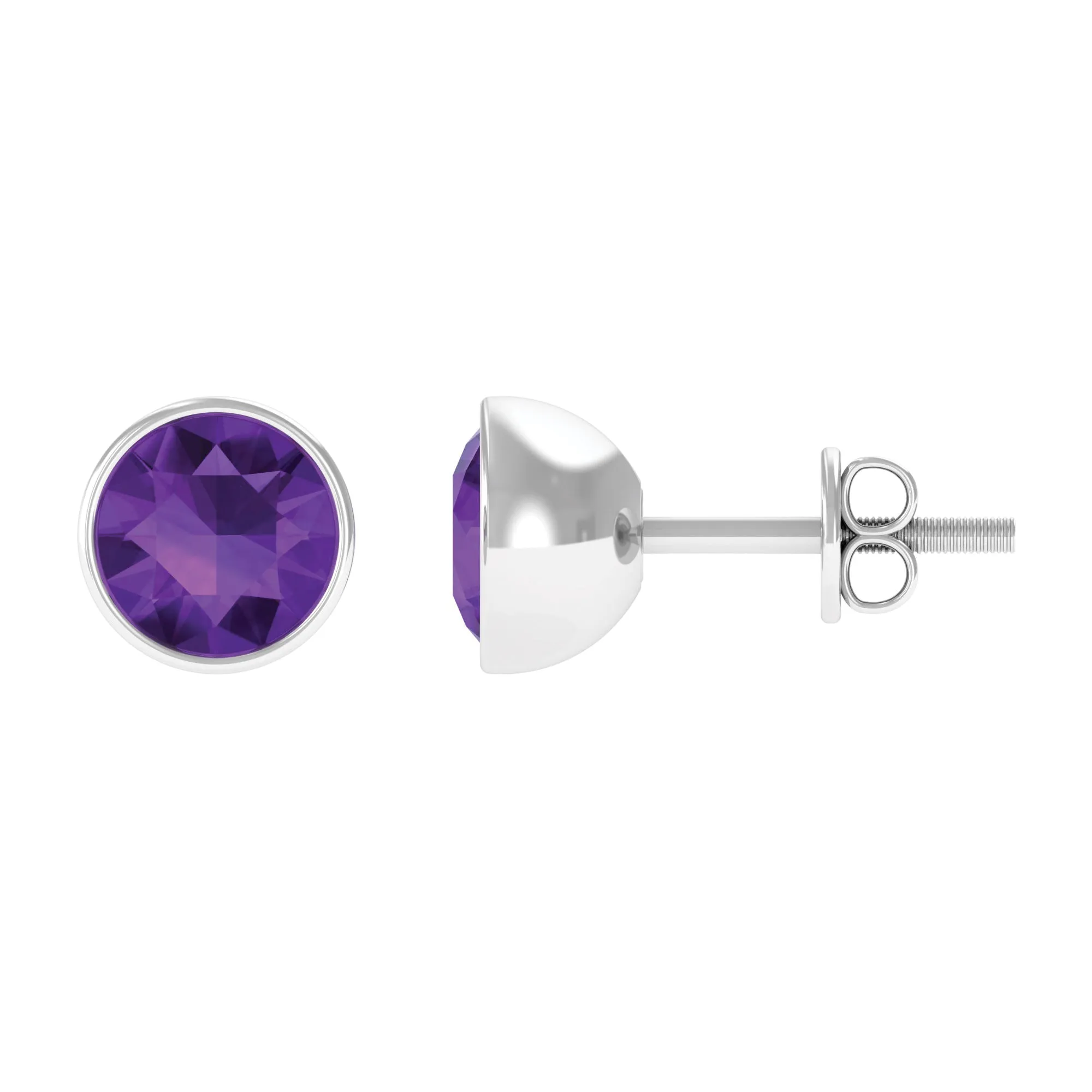 Round Amethyst Solitaire Stud Earrings in Bezel Setting