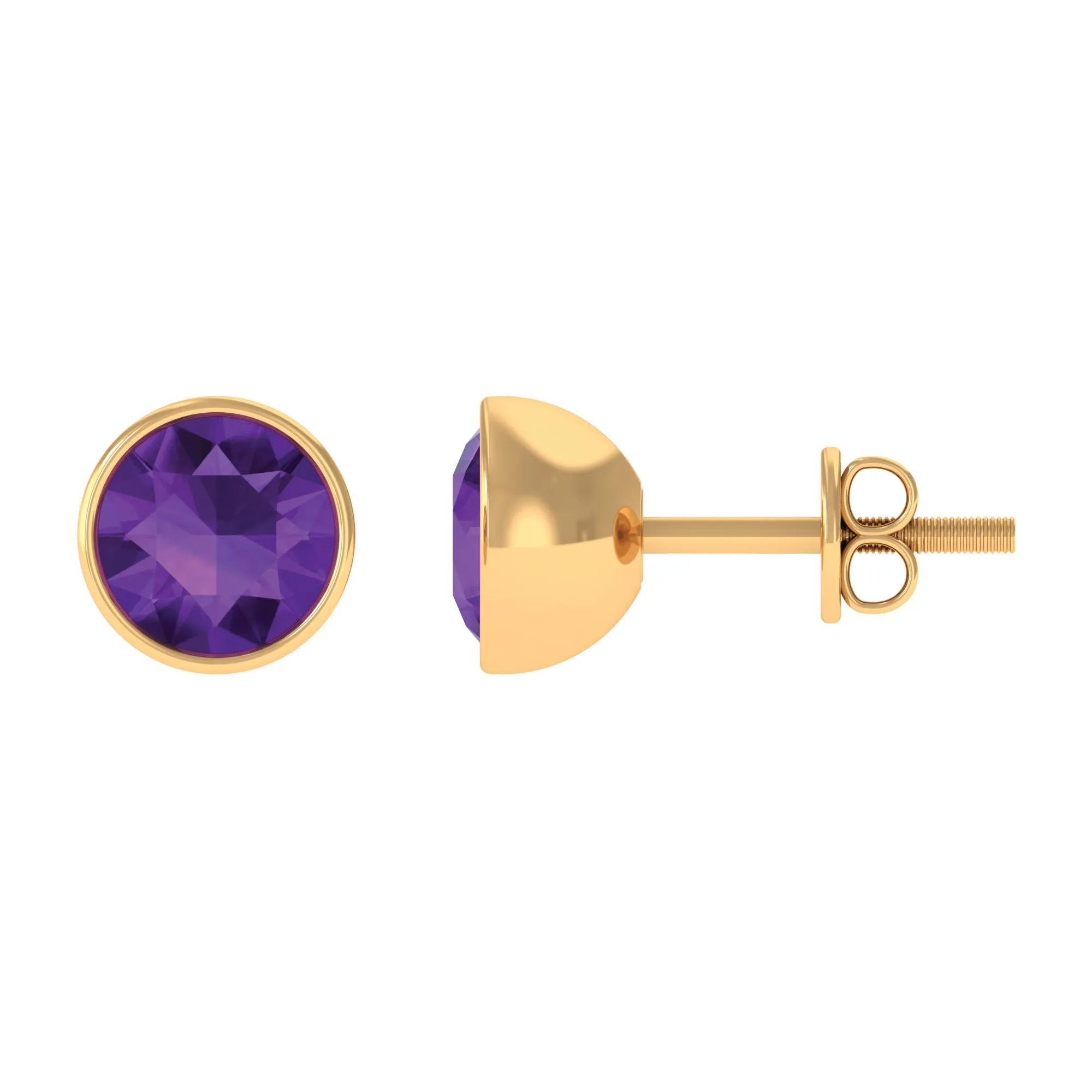 Round Amethyst Solitaire Stud Earrings in Bezel Setting