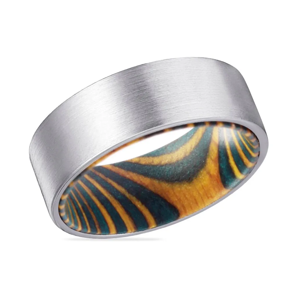 ROYAL | Green & Yellow Wood, Silver Tungsten Ring, Brushed, Flat