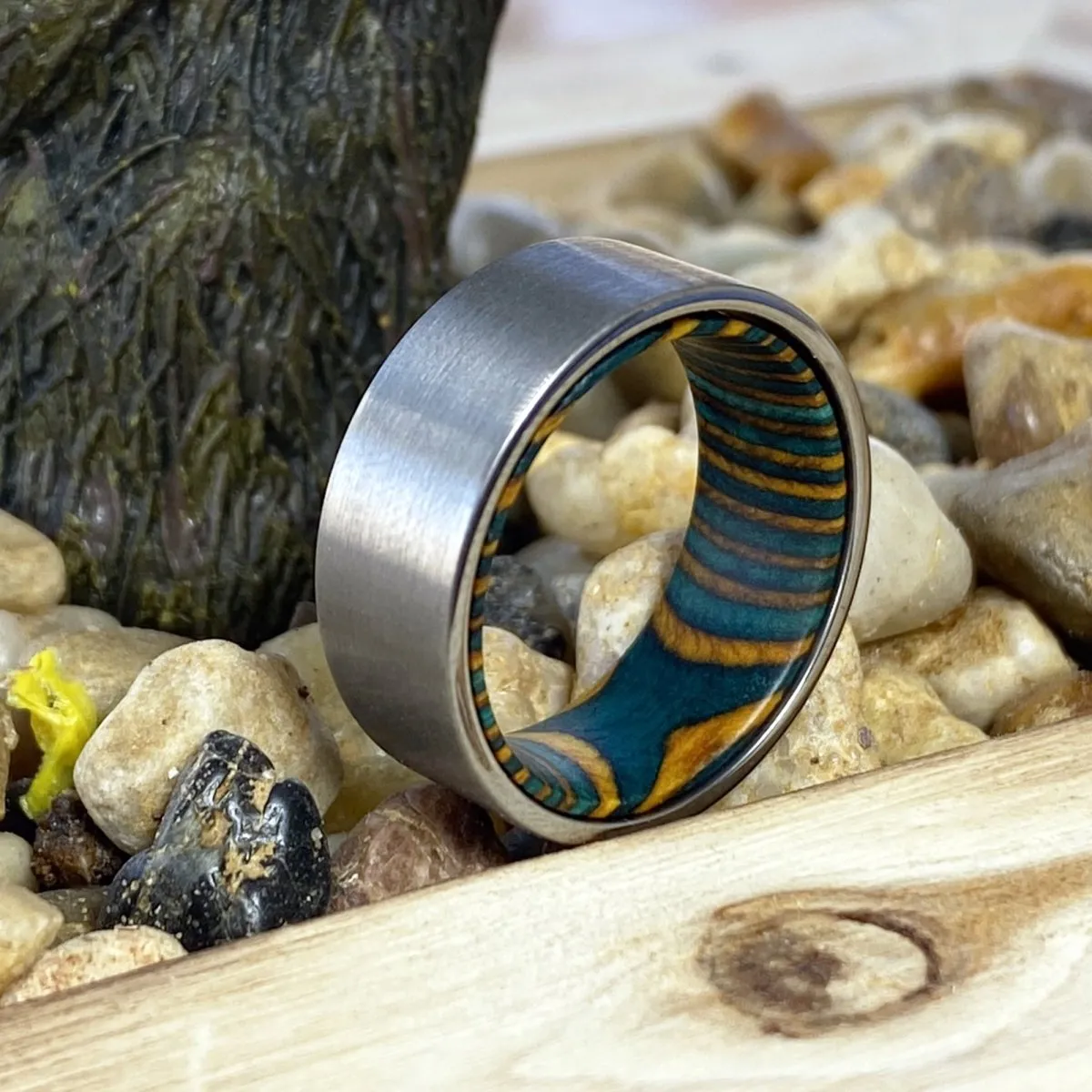 ROYAL | Green & Yellow Wood, Silver Tungsten Ring, Brushed, Flat