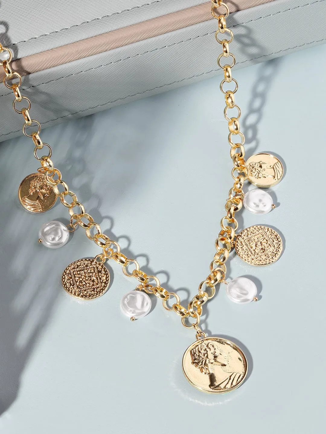 Rubans 18k Gold Plated Tarnish-Free Waterproof Stainless Steel Necklace with Coin & Pearl Charms