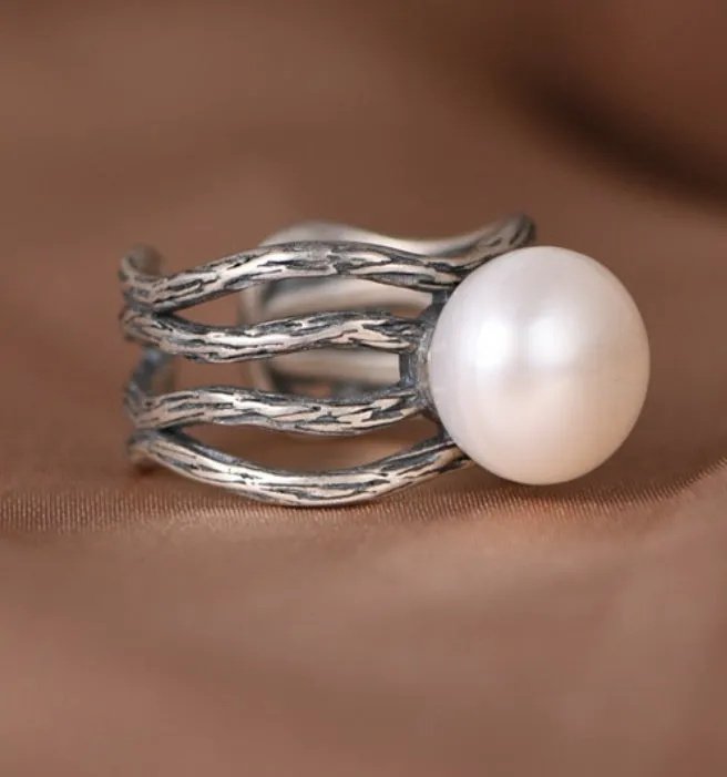 S925 Silver Ring Vintage Artistic Freshwater Pearl Women's Open Ring 0022