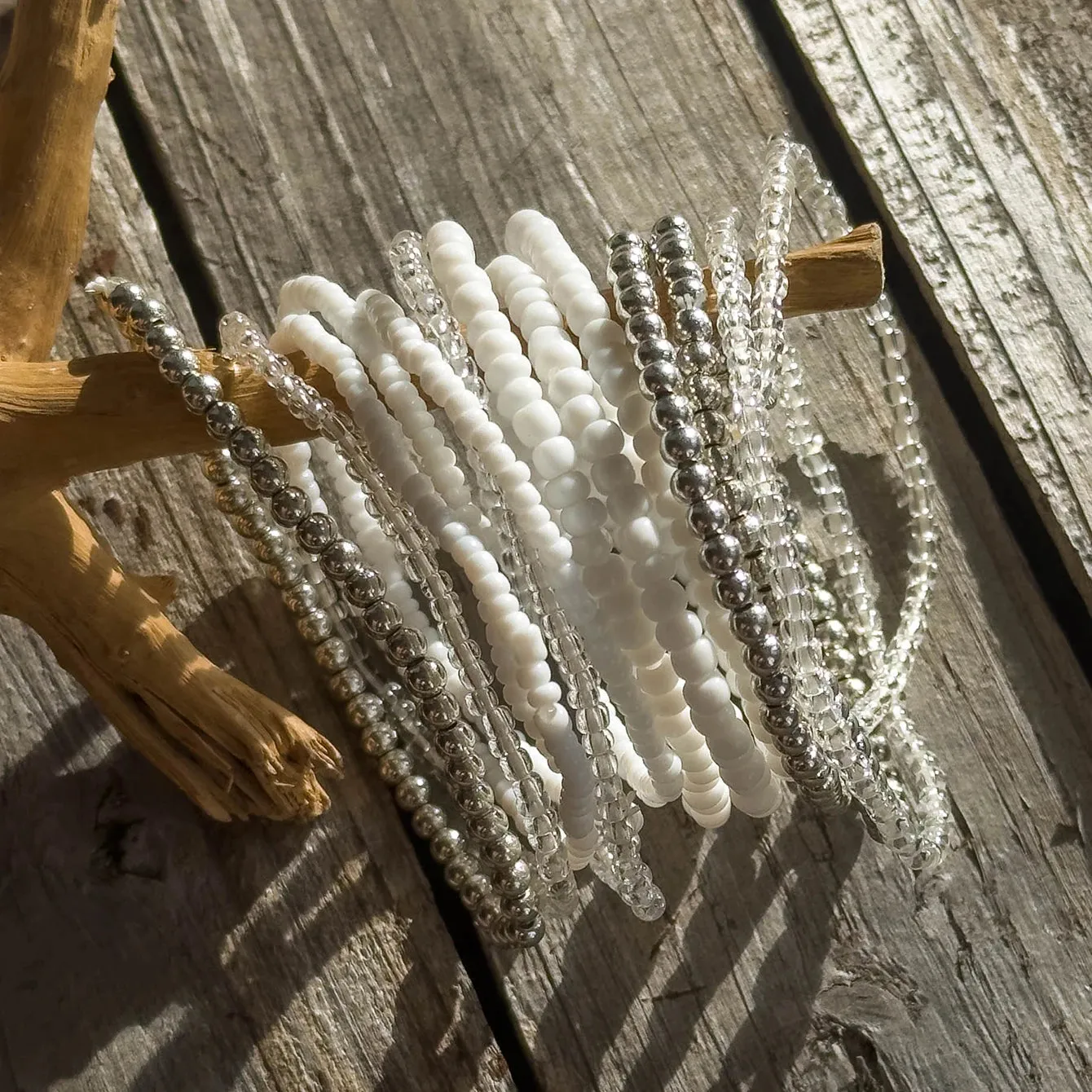 Set of White and Silver Multi Layer Bracelet Set Resin Beads