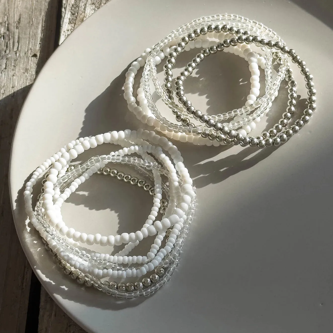 Set of White and Silver Multi Layer Bracelet Set Resin Beads