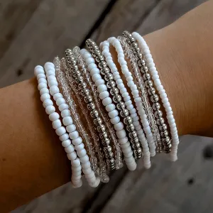 Set of White and Silver Multi Layer Bracelet Set Resin Beads