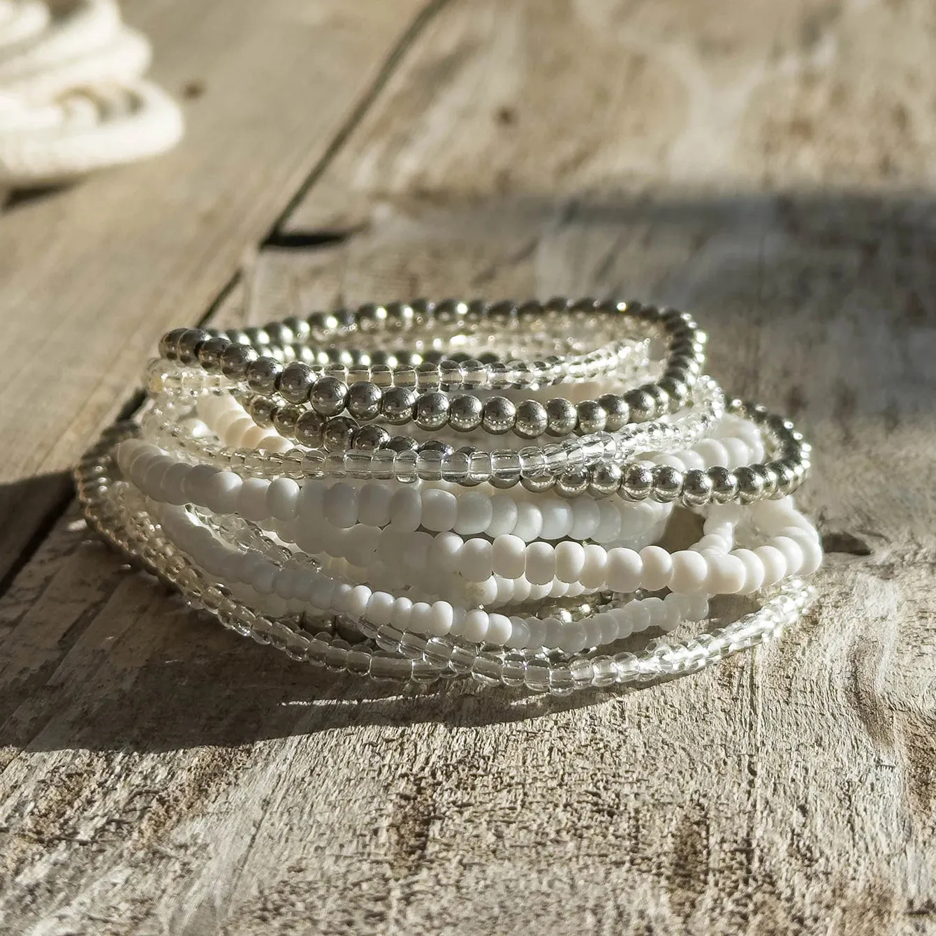 Set of White and Silver Multi Layer Bracelet Set Resin Beads