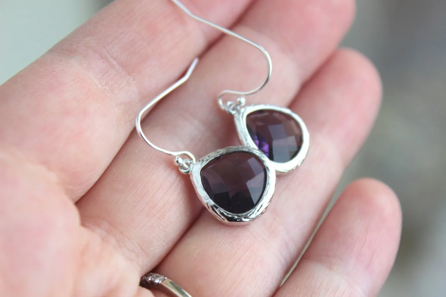 Silver Amethyst Earrings Purple Glass - Amethyst Purple Bridesmaid Earrings - Bridal Earrings - Wedding Jewelry - Bridesmaid Gift