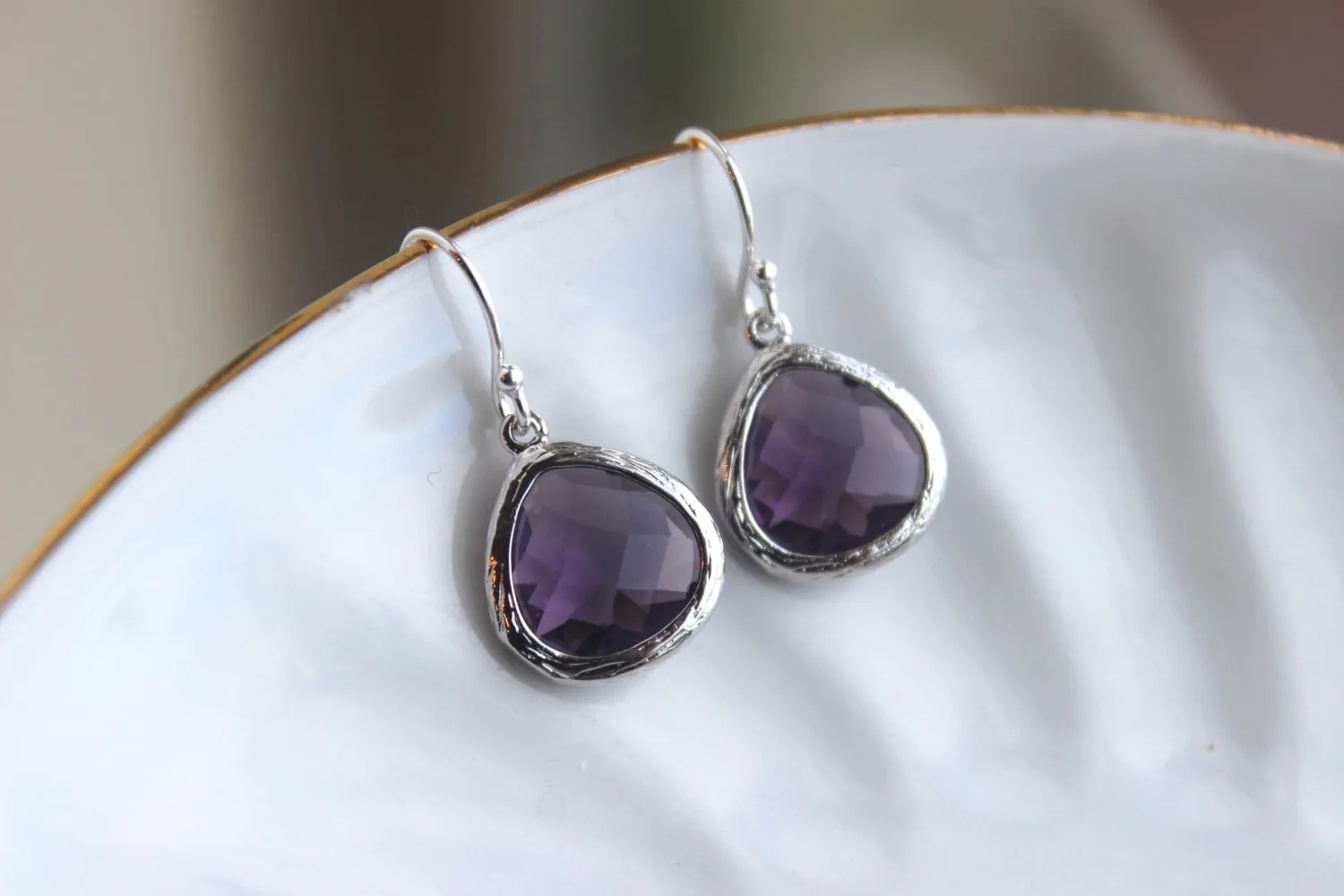 Silver Amethyst Earrings Purple Glass - Amethyst Purple Bridesmaid Earrings - Bridal Earrings - Wedding Jewelry - Bridesmaid Gift