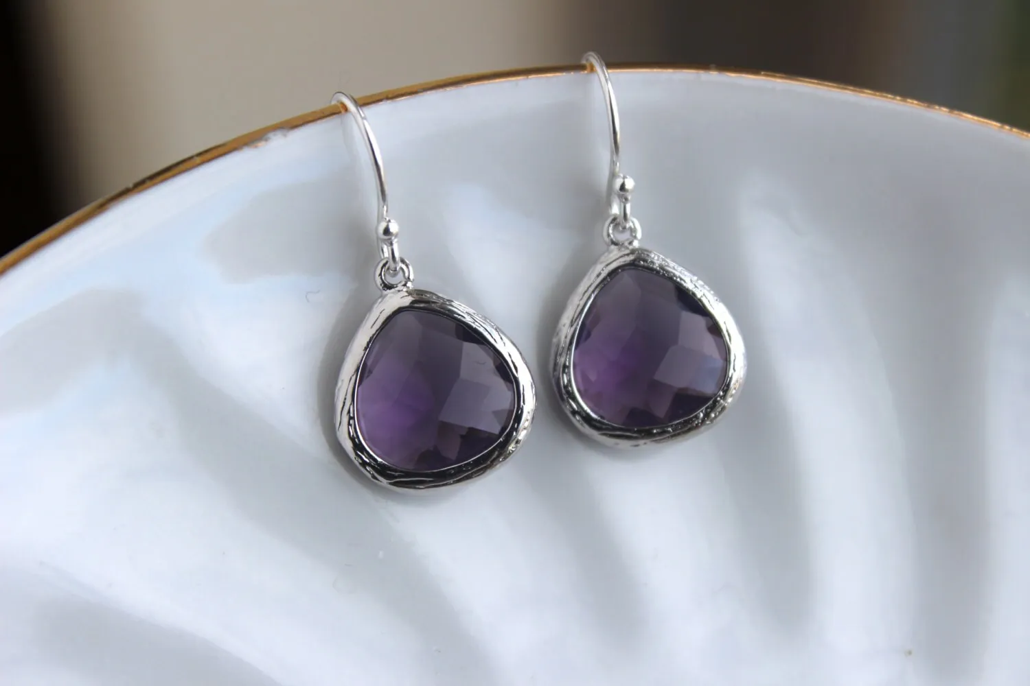 Silver Amethyst Earrings Purple Glass - Amethyst Purple Bridesmaid Earrings - Bridal Earrings - Wedding Jewelry - Bridesmaid Gift