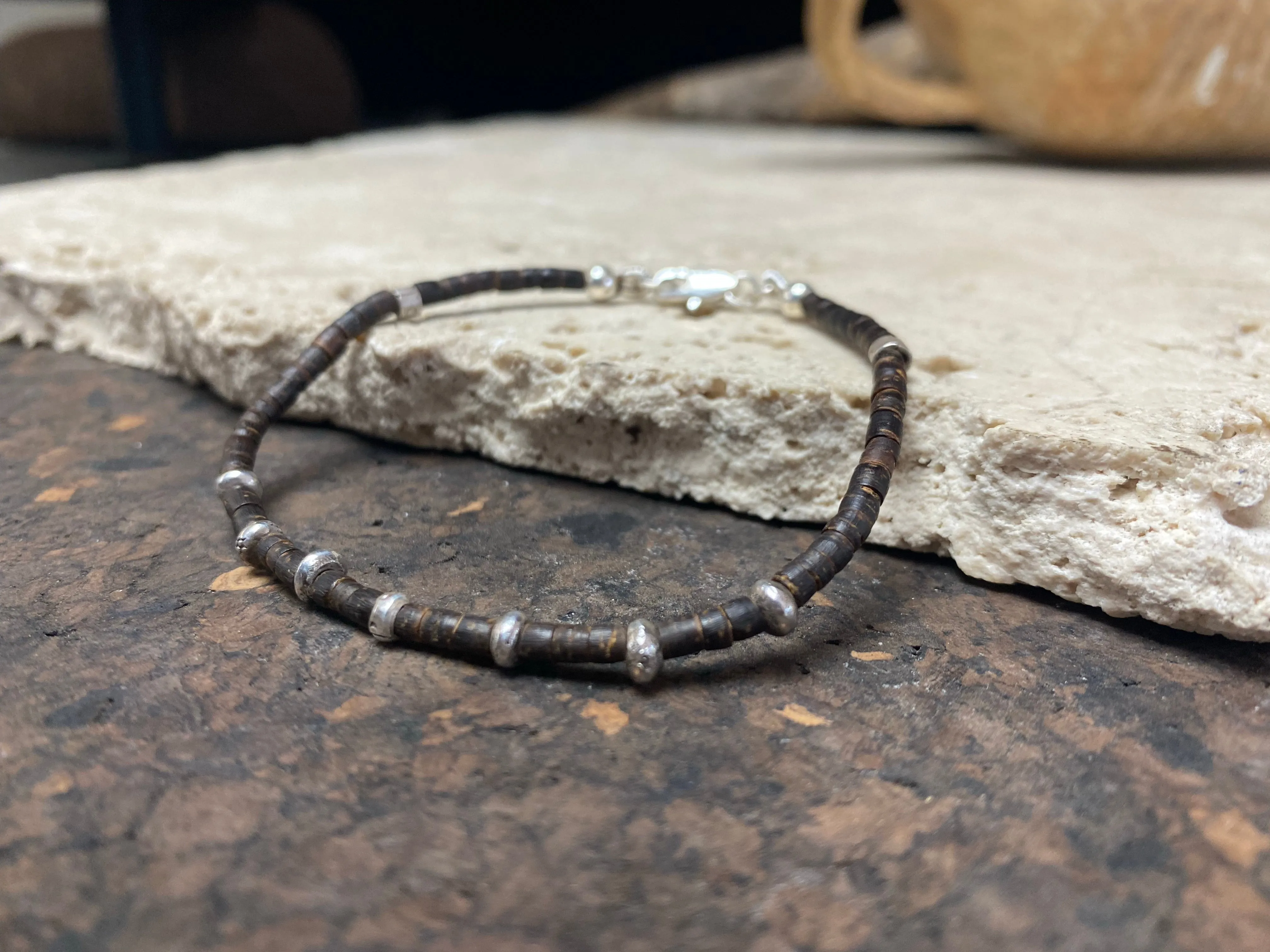 Silver and Coconut Wood Bracelet - Eye Beads