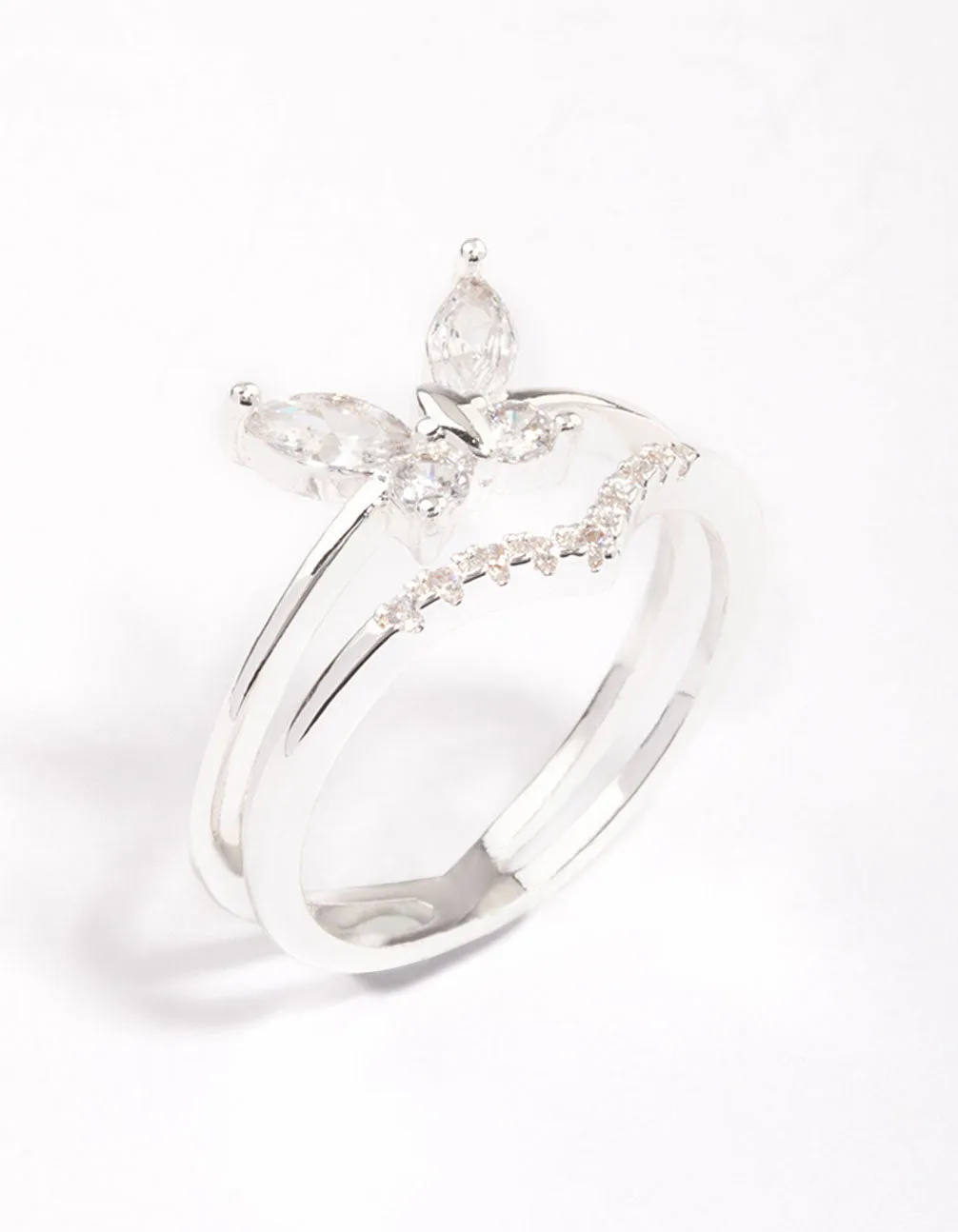 Silver Plated Cubic Zirconia Butterfly Double Band Ring